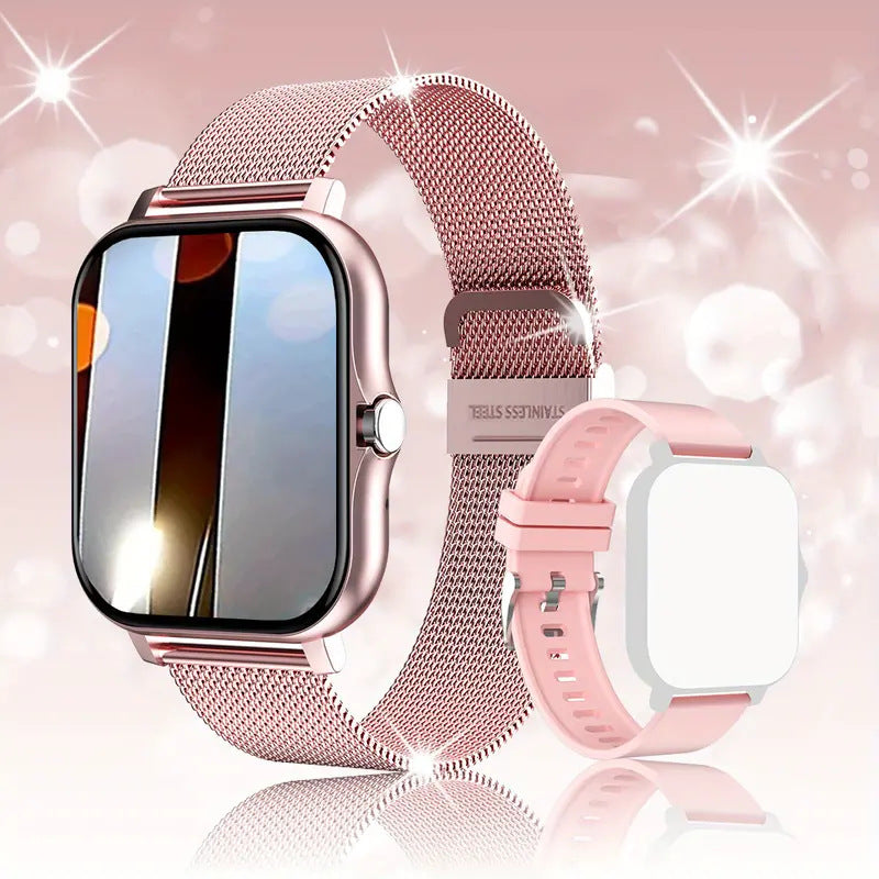 Pink mesh band smartwatch with mirrored screen – soft-toned and stylish. Extra strap with Pink Gang