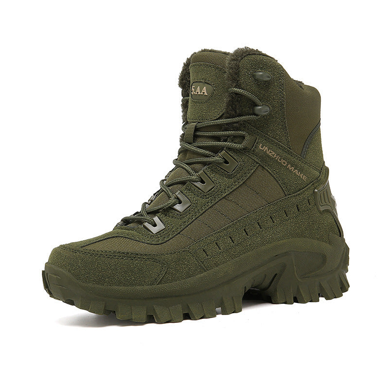 Close-up of army green nylon lace-up boots with anti-slip sole