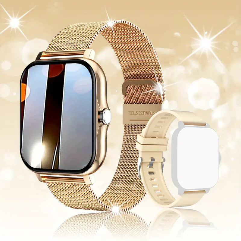 Gold mesh smartwatch Y13 glowing in light – luxurious golden variant. Extra strap with King Kong