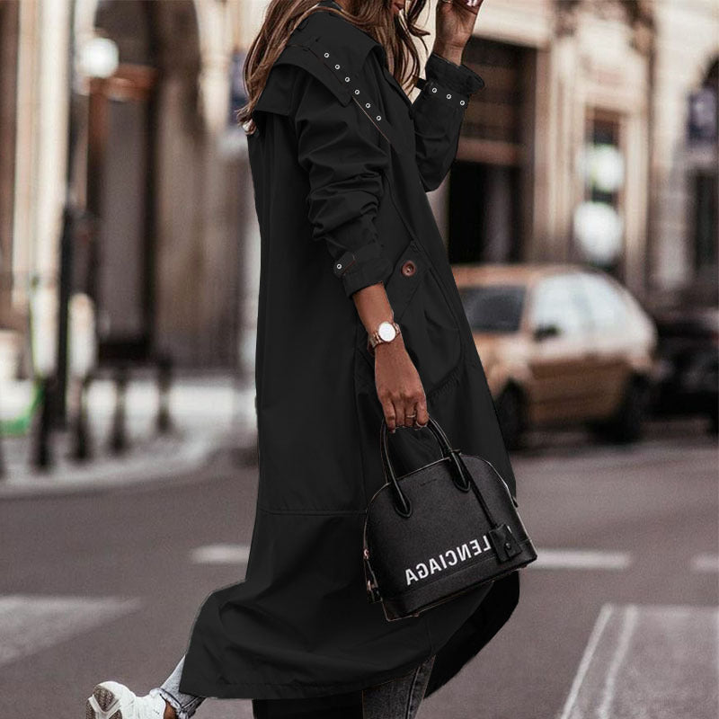 Side view of black lapel trench coat 