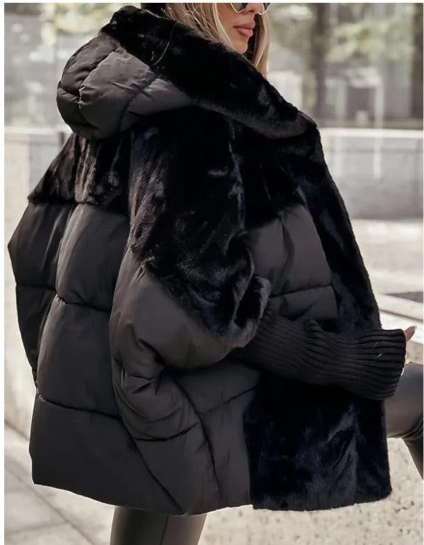 Black faux fur patchwork winter coat with hood, cozy street style