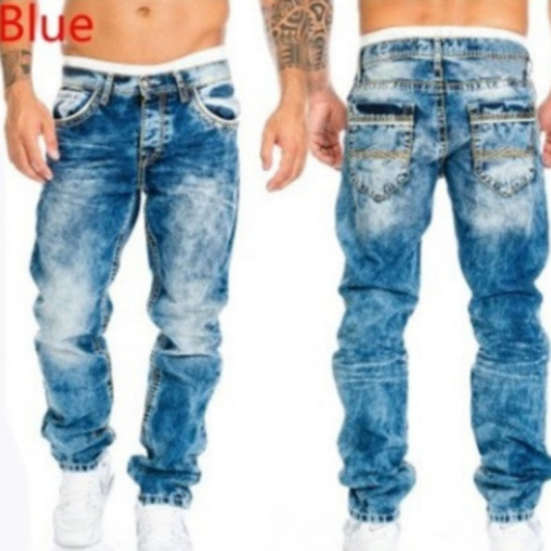 Blue straight hip hop jeans for men, washed finish