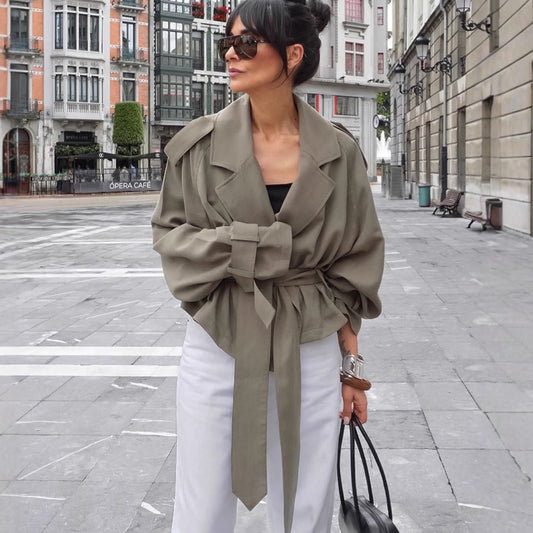 Olive lapel trench coat with belt – front view