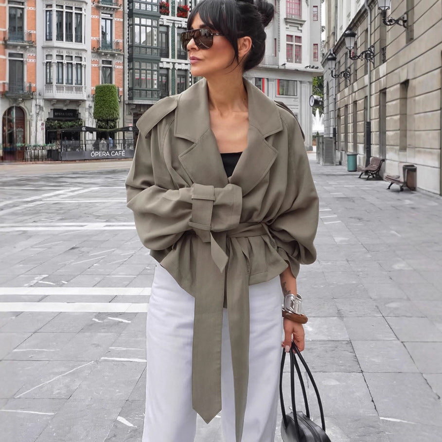 Loose-fit olive trench coat with large lapels