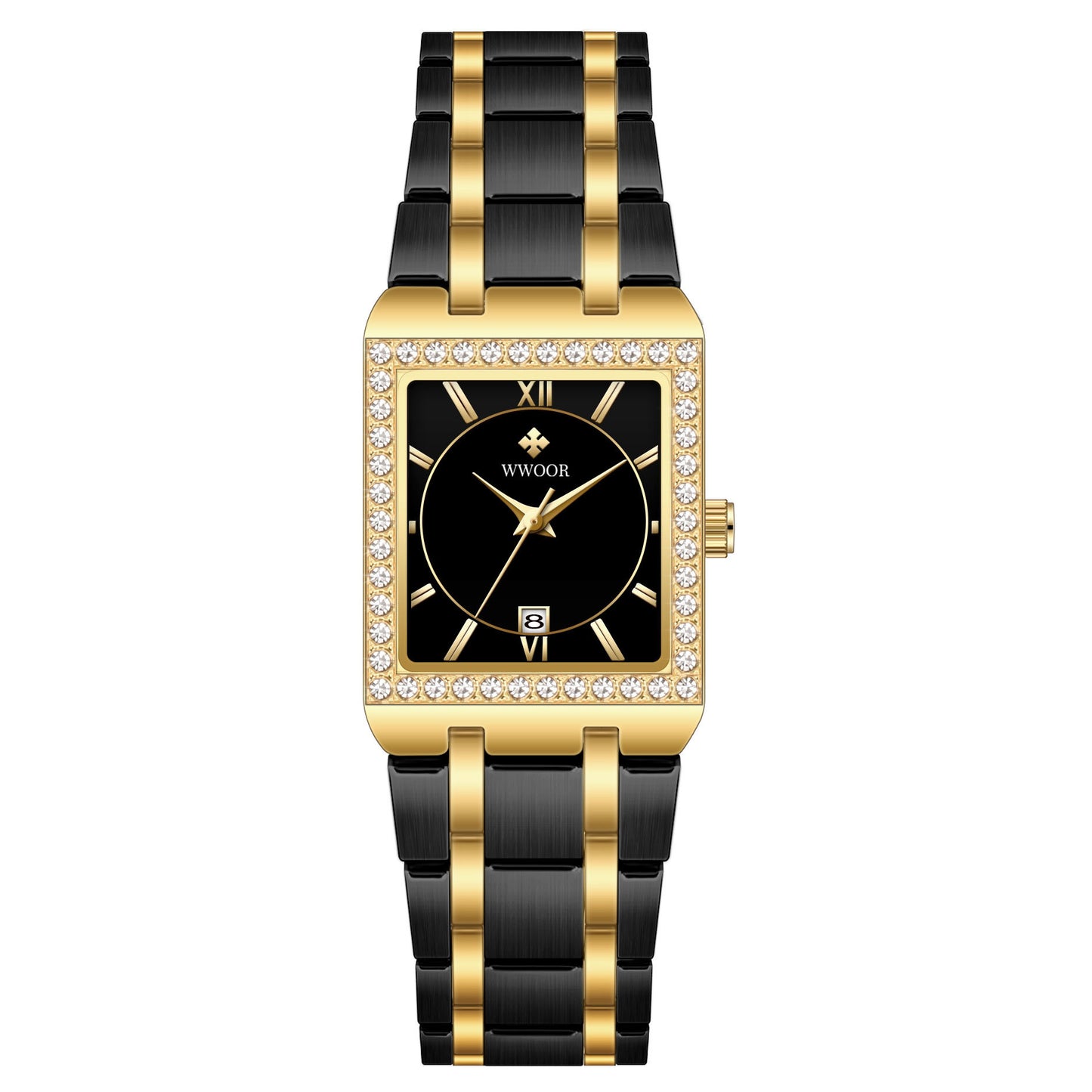 wwoor women's black & gold bicolor wristwatch with sparkling details