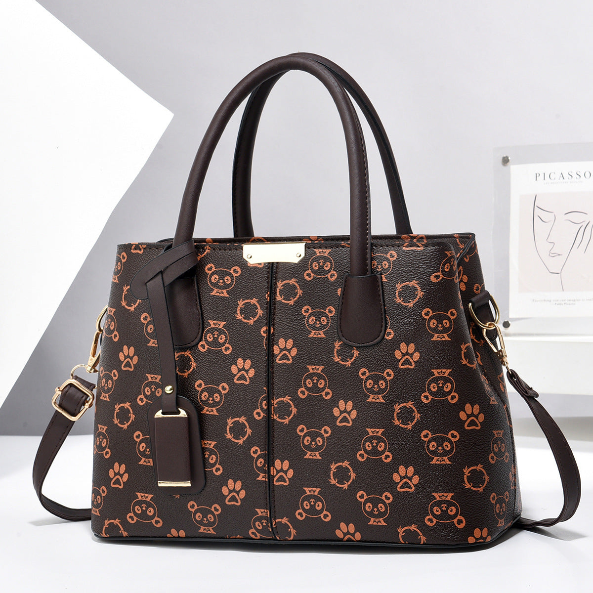 Women's brown PU leather tote bag with bear monogram – versatile shoulder and crossbody bag
