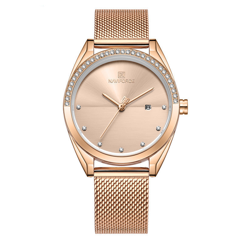 Naviforce compact sized women's rosegold color wrist watch with subtle zirkonia accents  and mesh steel bracelet