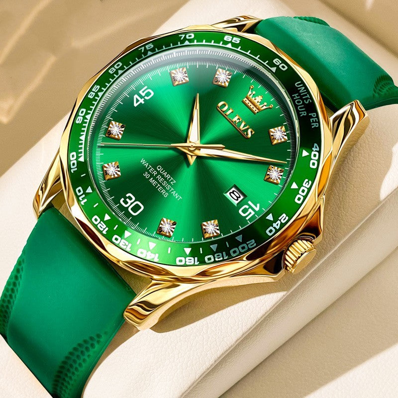 Green dial OLEVS 9988 with green silicone strap – sporty yet stylish