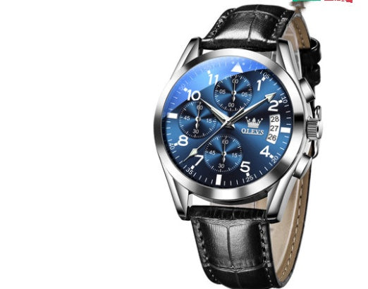 Men's Olevs steel chronograph  with black leather strap and blue face