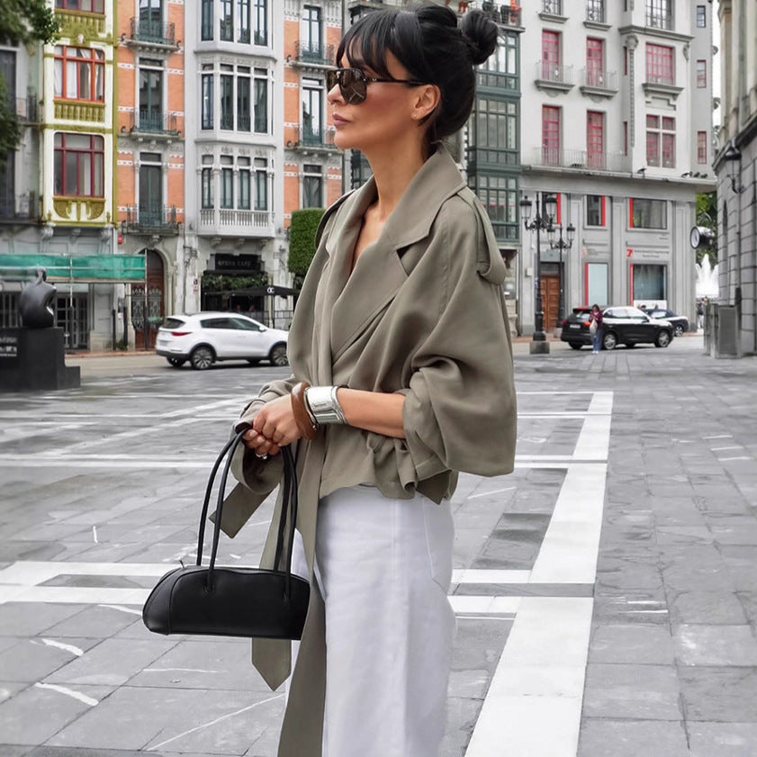 Olive wool-blend trench coat with waist tie