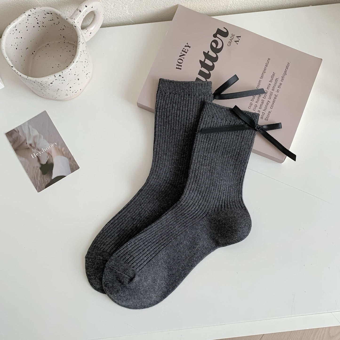 Ribbed Cotton Socks with Bow Detail