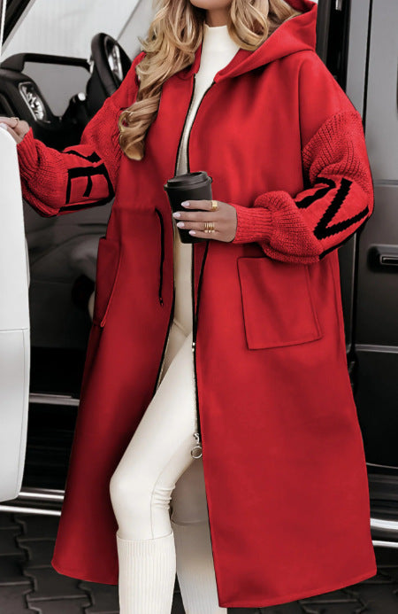 Red hooded long jacket with LOVE knit sleeves and pockets