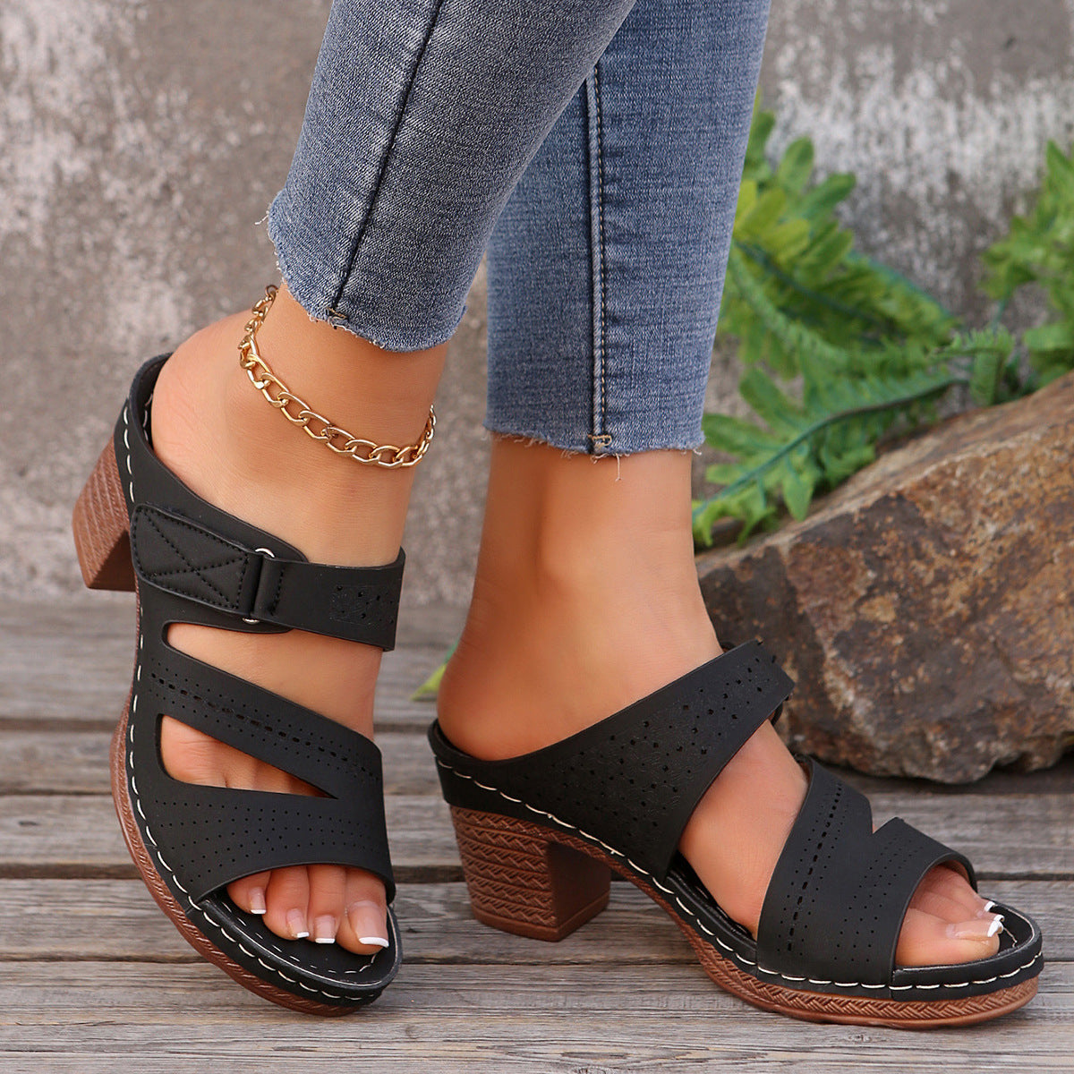 black chunky square heeled sandals