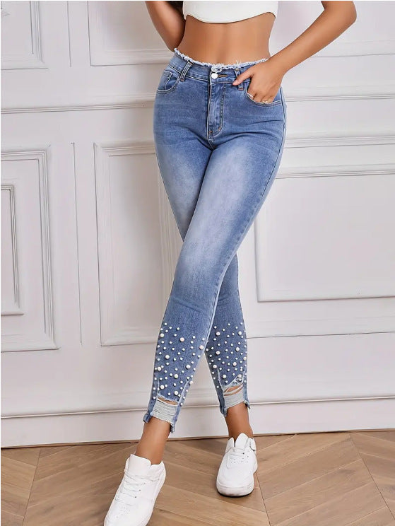 Trendy Pearl & Tassel Skinny Jeans – A Statement Piece for Street Fashion!