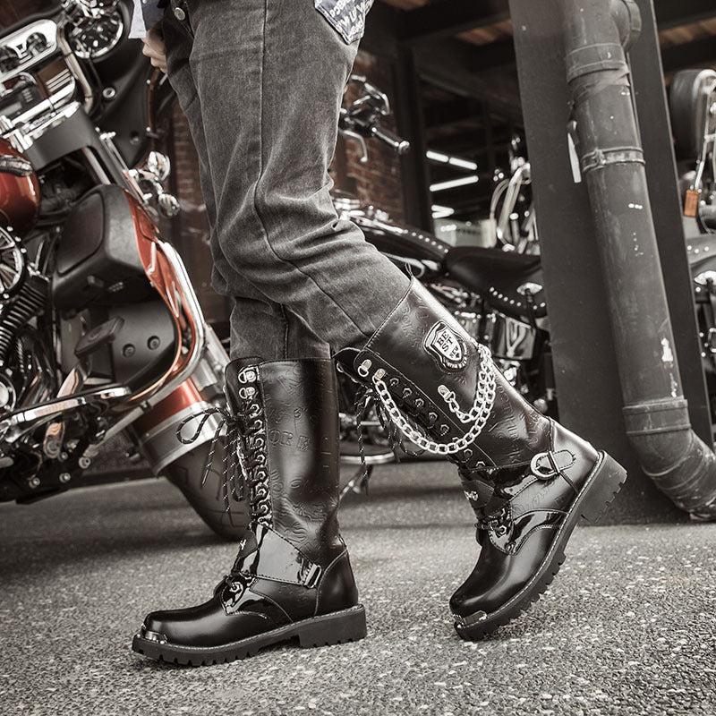 Men wearing biker-style Martin boots with lace-up front