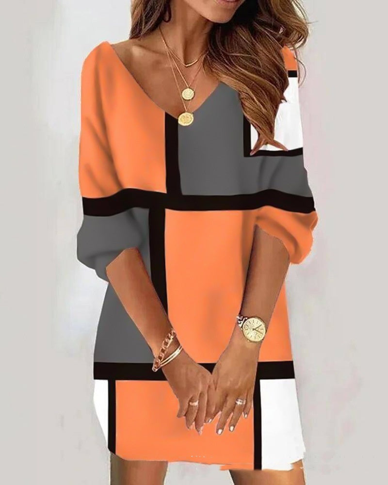 Orange, gray and black color block lace V-neck off-shoulder dress with cutout sleeves