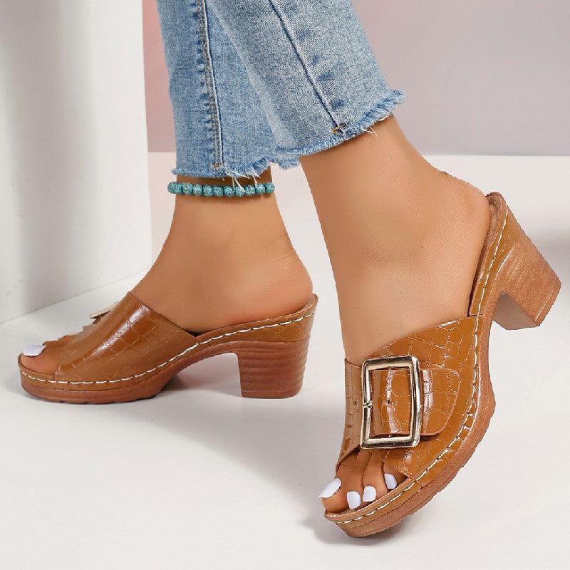 Orange chunky heel peep toe sandals with crocodile texture and buckle 