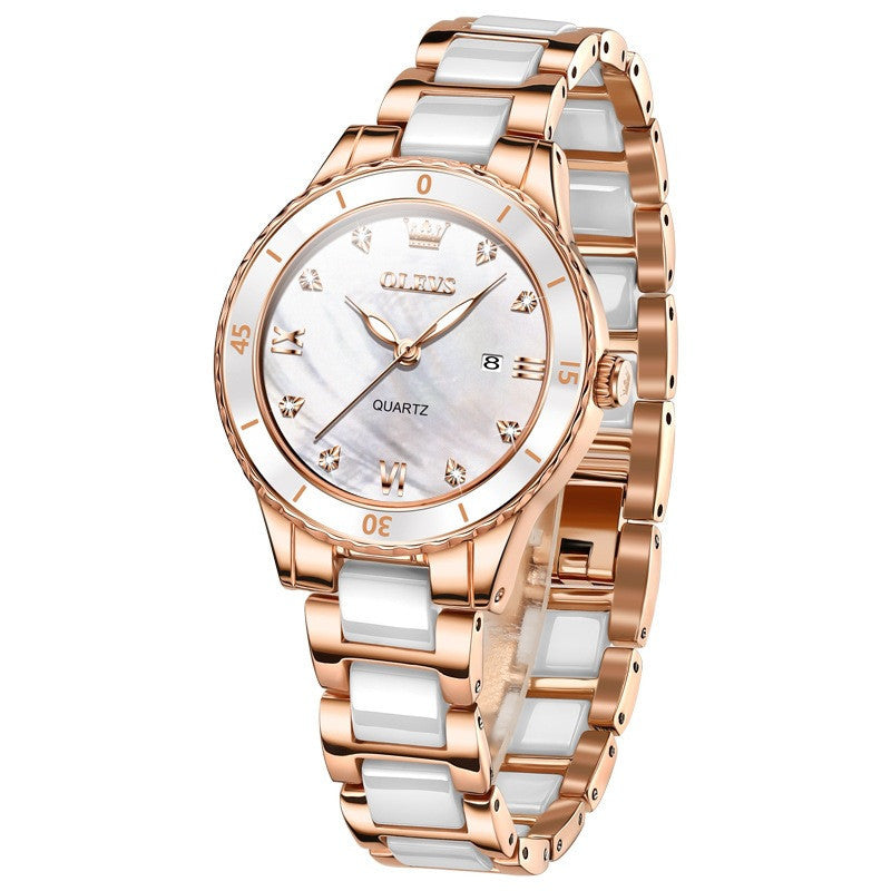 Rose gold and pearl white ceramic watch – classic front view on neutral backdrop