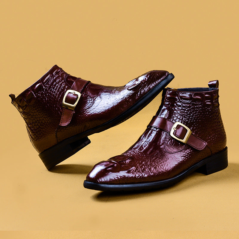 miesten viininpunaiset korkeavartiset pukukengät nahkaa