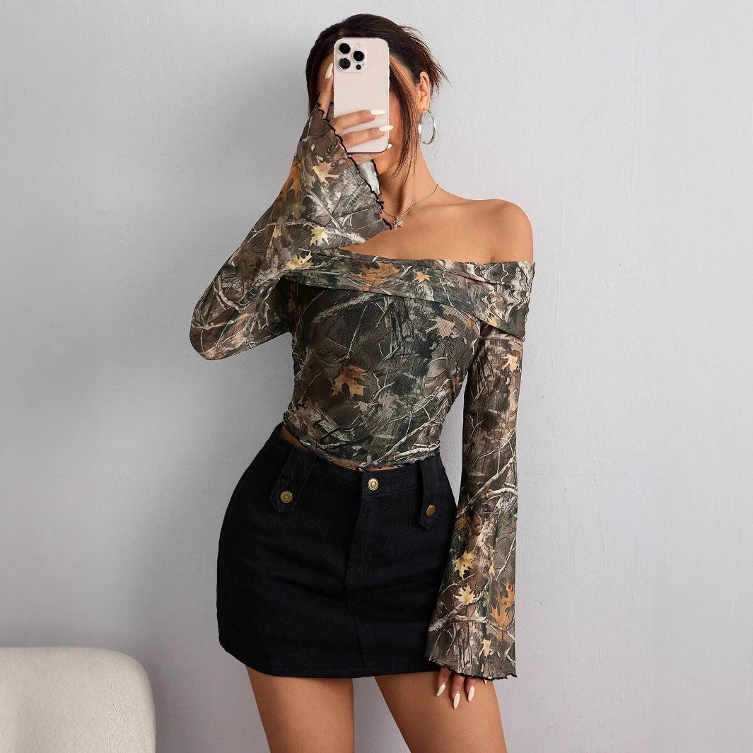 Olive mesh Bardot top with camouflage print – casual outfit style