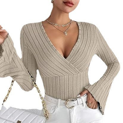 Khaki ribbed long sleeve top with flared cuffs