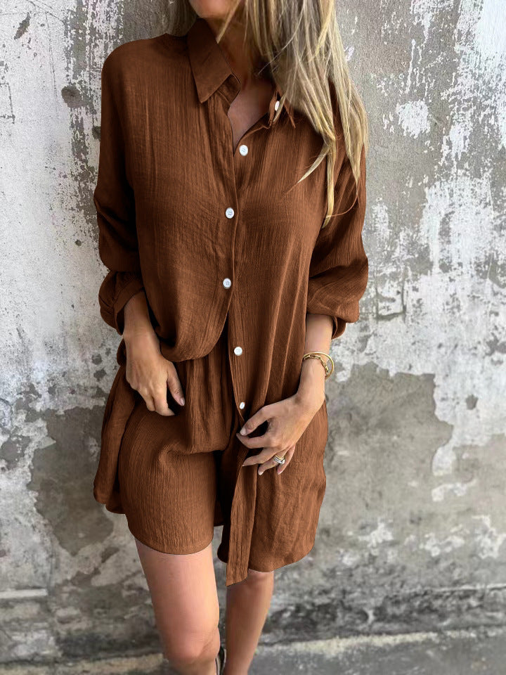 Dark brown relaxed oversized button-up shirt and comfy shorts
