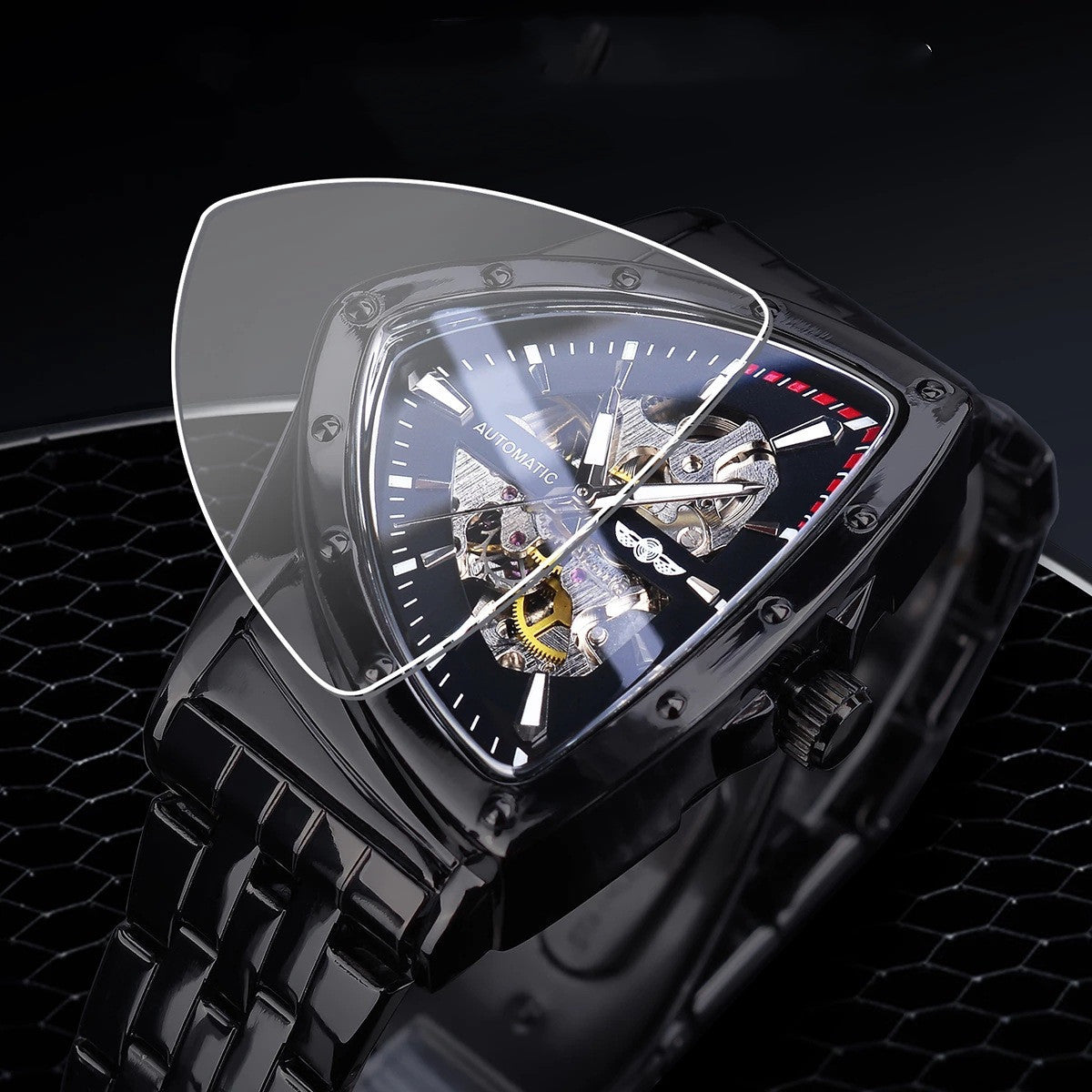 Men's stylish black triangular automatic watch with skeleton construction