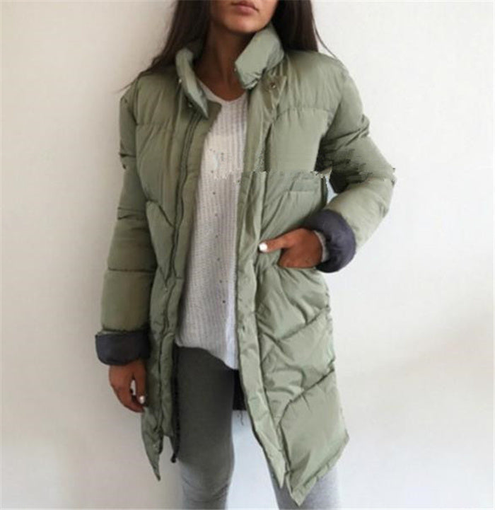 Model wearing army green women’s stand collar puffer jacket, straight fit