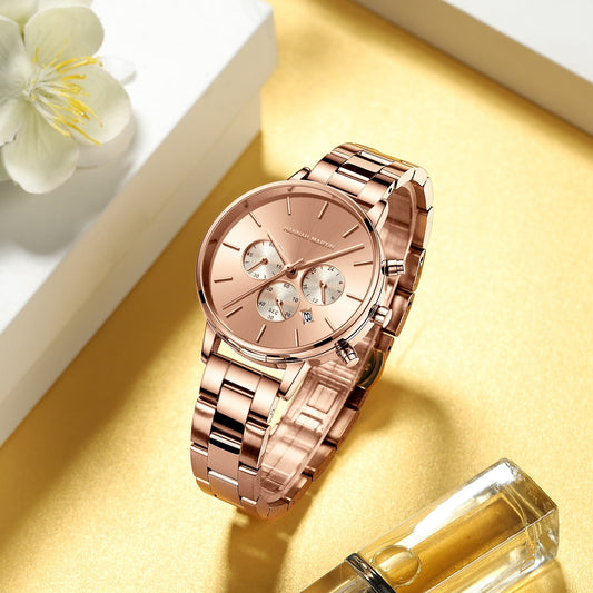 Hannah Martin rose gold chronograph with stainless steel bracelet 