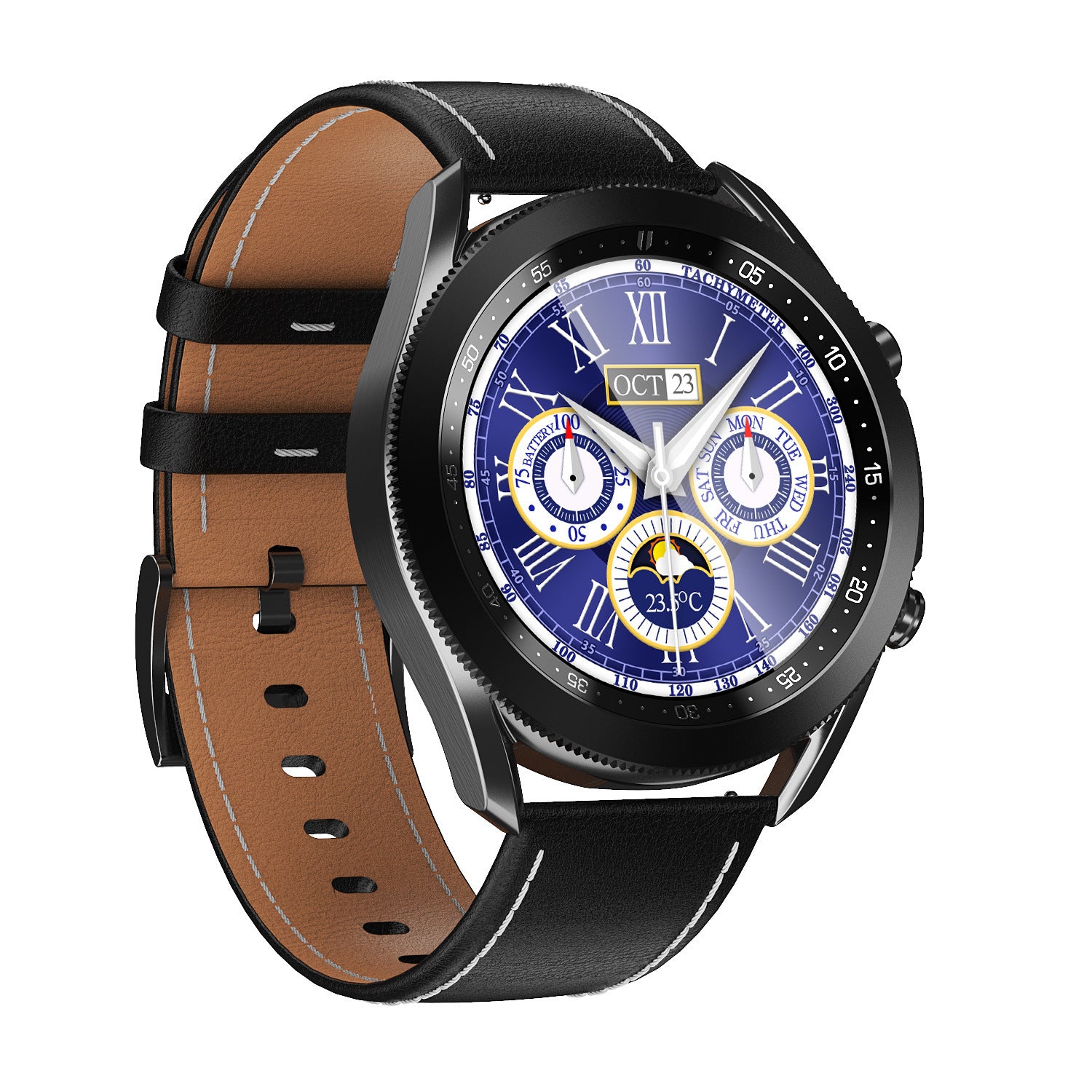 Side-on Black smartwatch with black leather strap and detailed blue dial – classic and bold look.