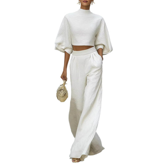 Kaksiosainen setti – lyhyt toppi & korkeavyötäröiset leveälahkeiset housut