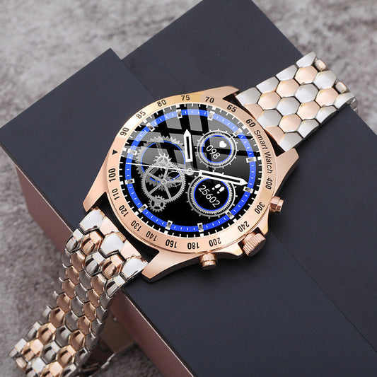 Rose gold smartwatch with honeycomb-style silver strap and blue digital display.