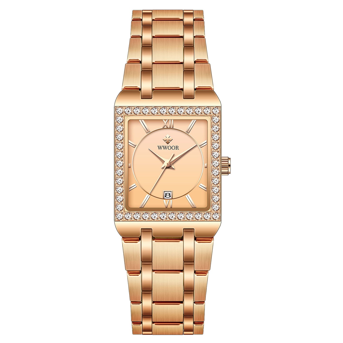 rose gold bracelet and table colored Wwoor women's wristwatch with sparkling details