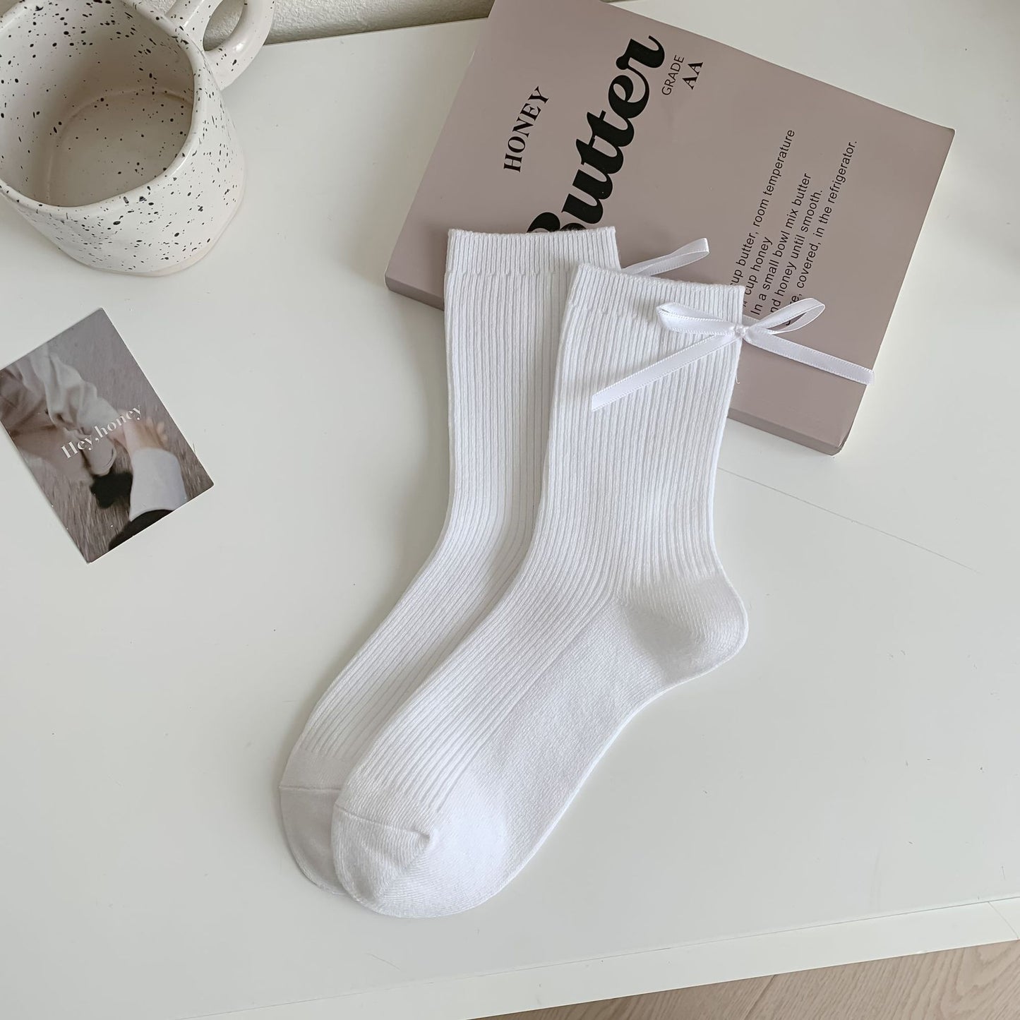 Ribbed Cotton Socks with Bow Detail