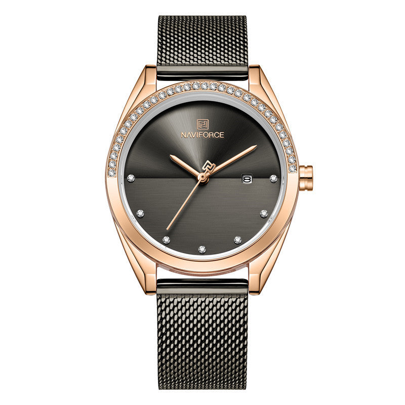 Naviforce compact sized women's black and rose gold wrist watch with subtle zirkonia accents  and mesh steel bracelet