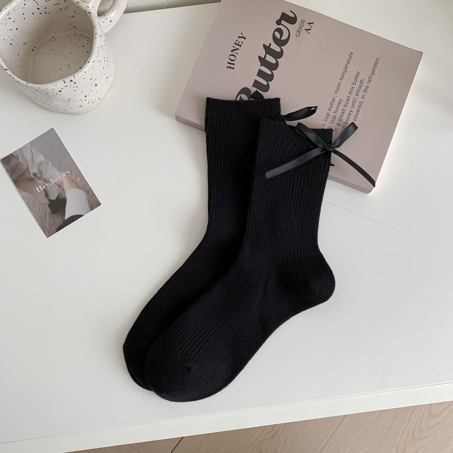 Ribbed Cotton Socks with Bow Detail