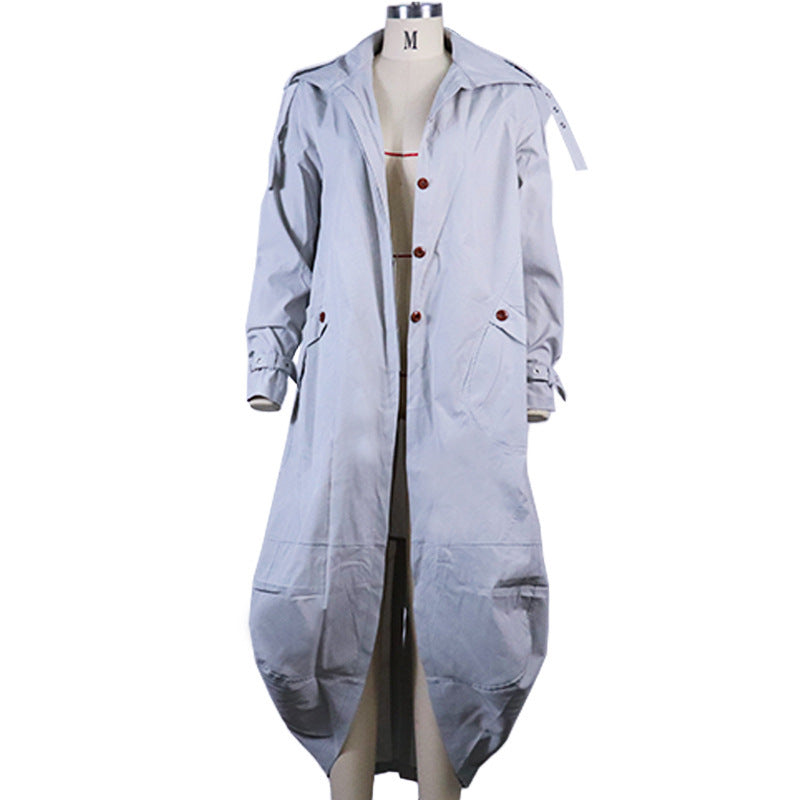 Light gray long lapel trench coat on hanger