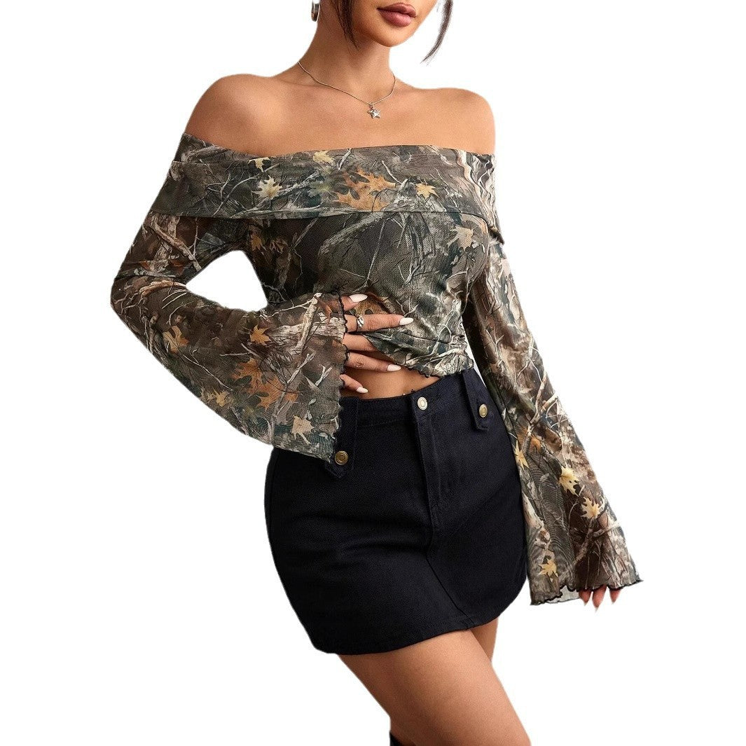 Olive mesh off-shoulder Bardot top with long flared sleeves – side view