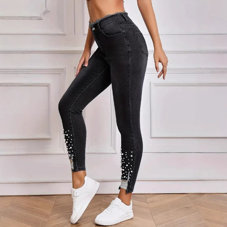 Trendy Pearl & Tassel Skinny Jeans – A Statement Piece for Street Fashion!
