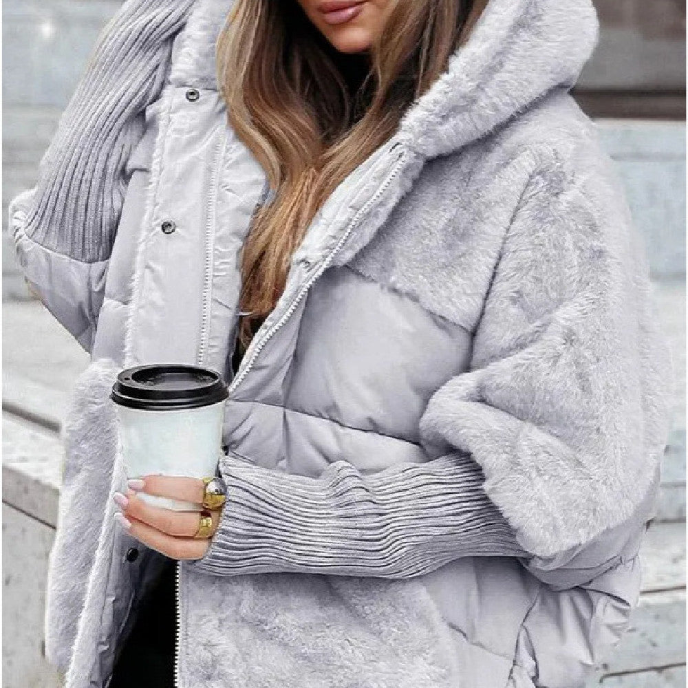 Gray faux fur patchwork coat with hood and knitted sleeves