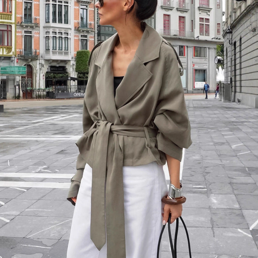 Women's olive lapel trench coat – street style