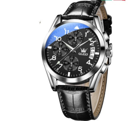 Men's Olevs steel chronograph  with black  leather strap and black face