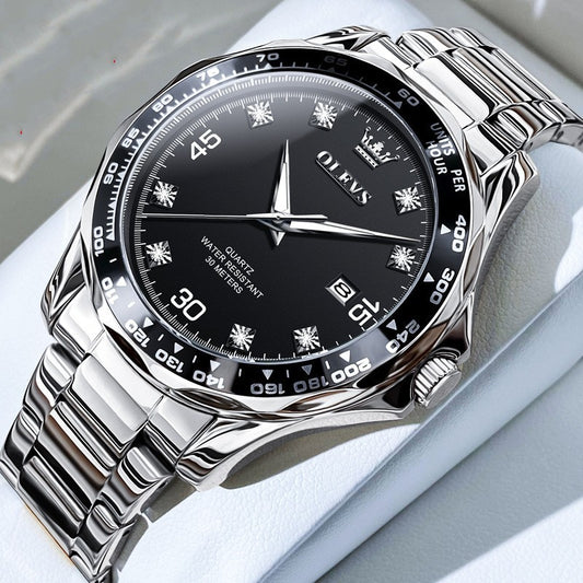 Black dial OLEVS 9988 men's watch with steel strap – bold contrast and luminous detail