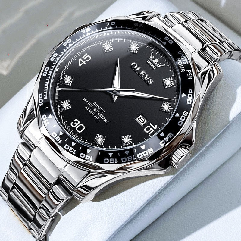 Men's black dial OLEVS 9988 men's watch with steel strap – bold contrast and luminous detail