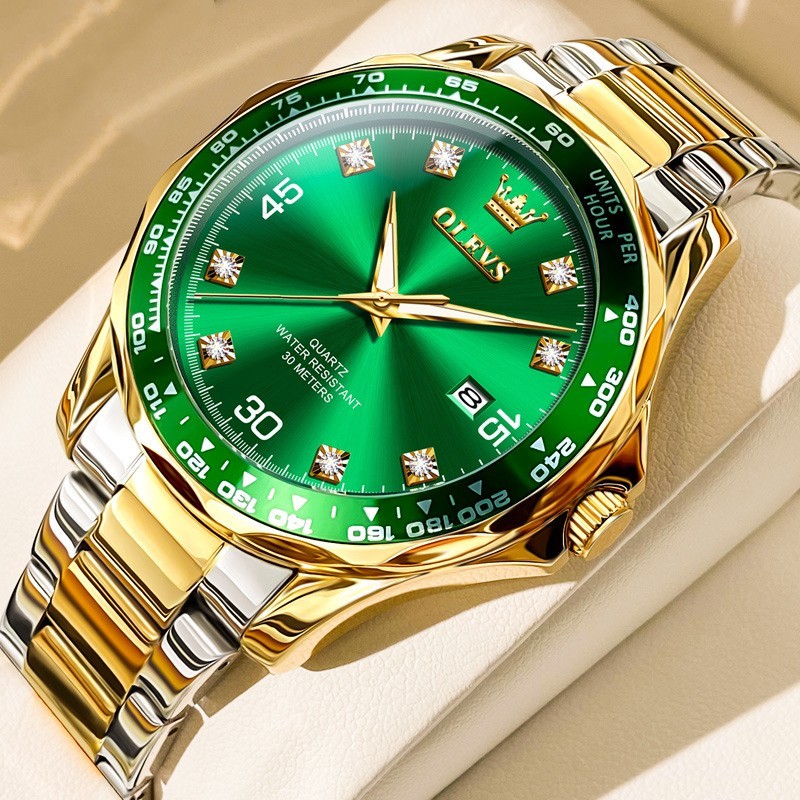 Green and gold OLEVS 9988 watch – gold/metallic bracelet and bold green face