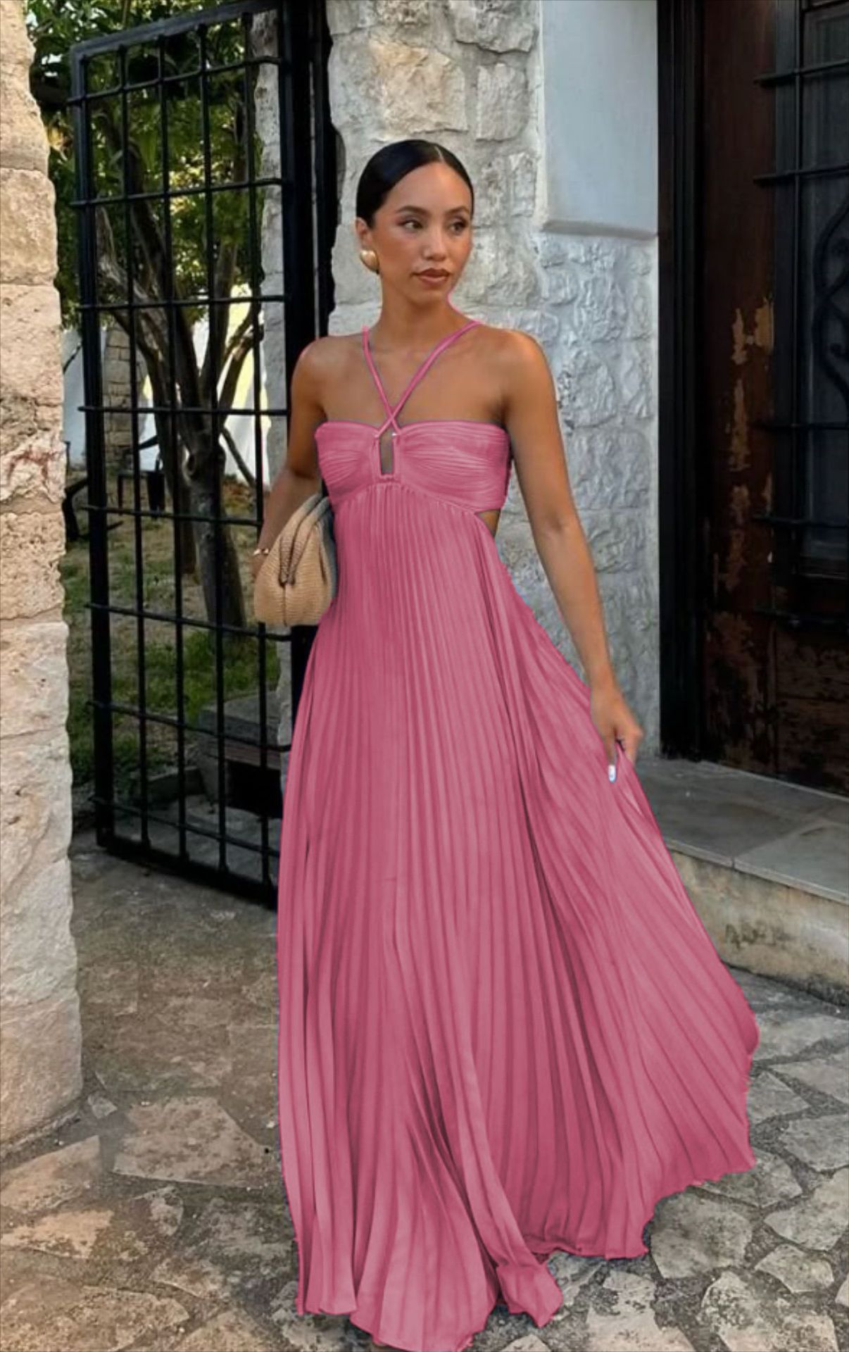 Women’s long dusty pink tube-top pleated maxi dress with high waist and delicate open-back design