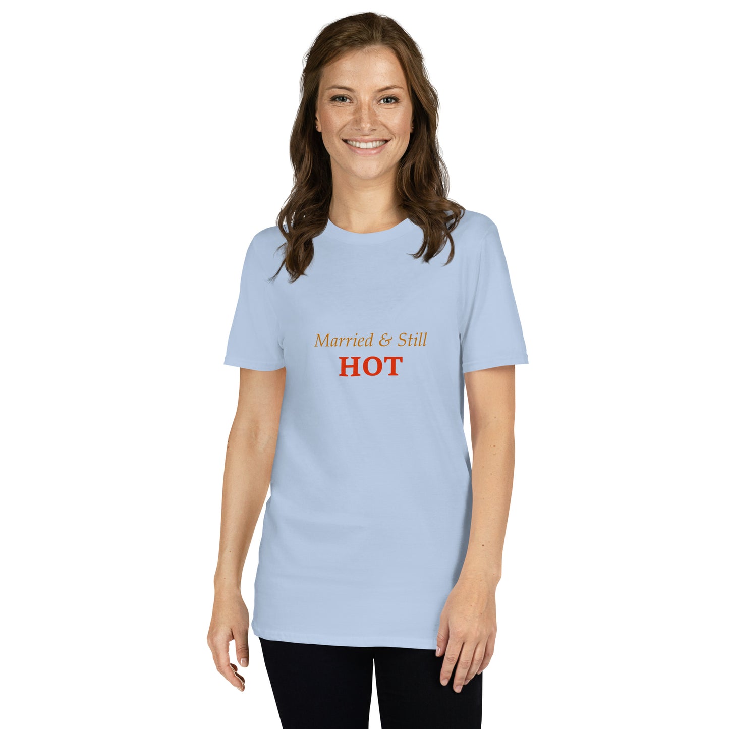 Light blue unisex T-shirt with “Married & Still HOT” slogan print