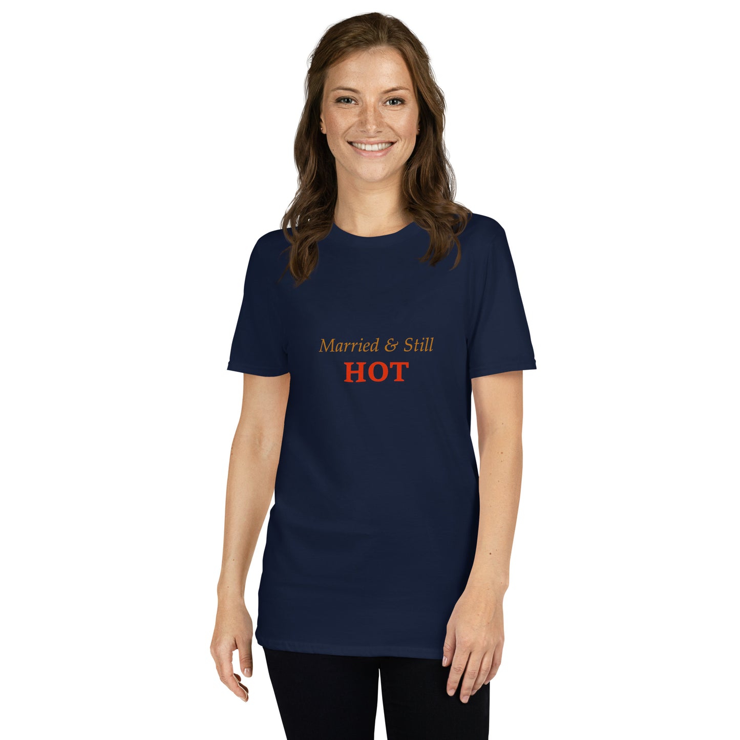 Navy blue unisex T-shirt with “Married & Still HOT” slogan print