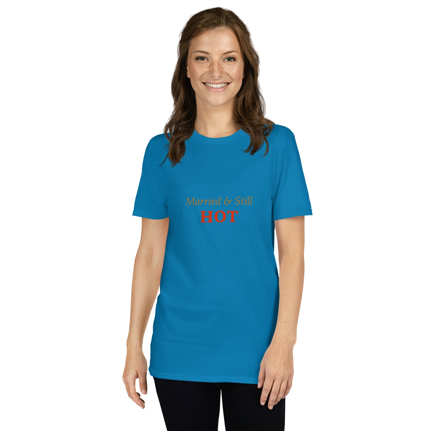 Sapphire blue unisex T-shirt with “Married & Still HOT” slogan print