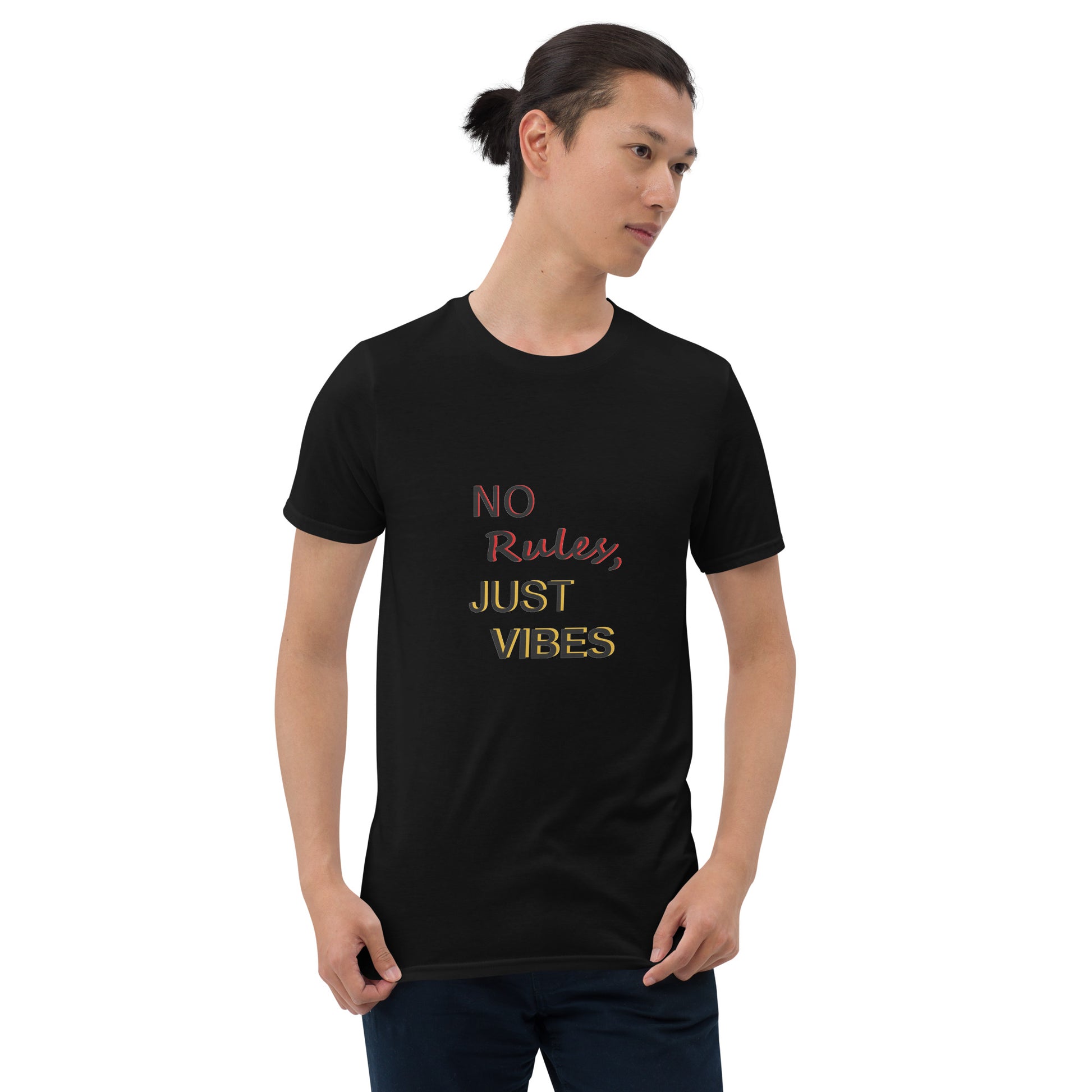No Rules, Just Vibes t-shirt in black, styled for casual and relaxed look